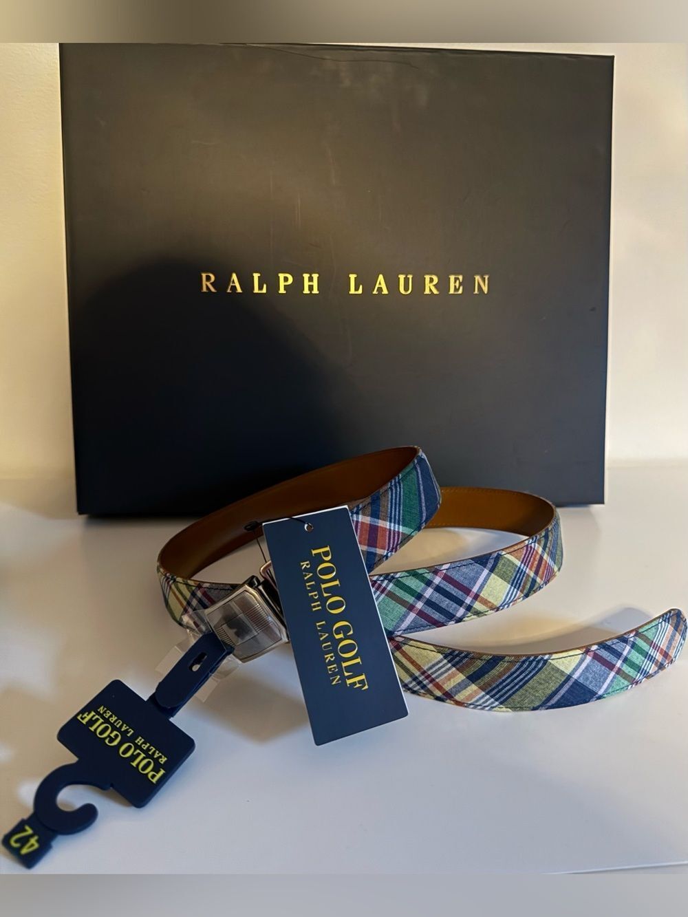 Polo Golf Ralph Lauren Men's Plaid Golf Belt Size 42 NWT Multicolor Leather